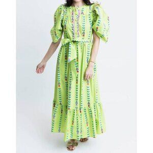 NEW mod floral vine poplin ruffle maxi dress in lime green